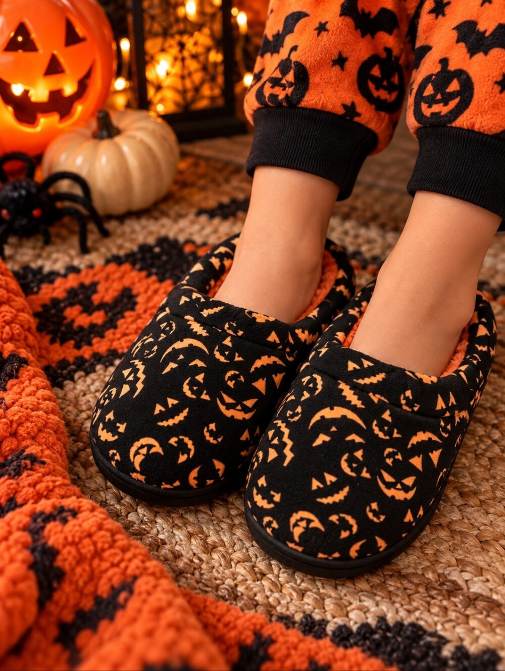 NWT Dluxe by Dearfoams Kids Halloween Slippers Black Orange Jack-o-lantern 11/12